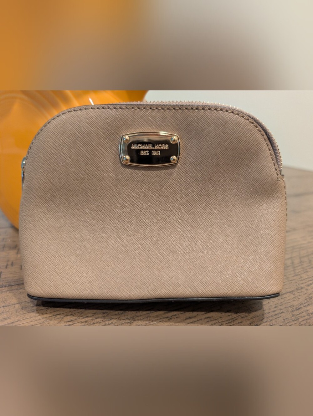 Michael Kors Cindy Travel Pouch Tan Brown Saffiano Leather Cosmetic Bag